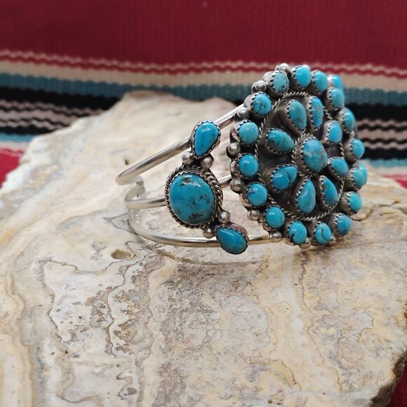 Native Navajo Running Bear Sterling Silver Turquoise Cluster Cuff Bracelet 37.4g - Picture 4 of 12